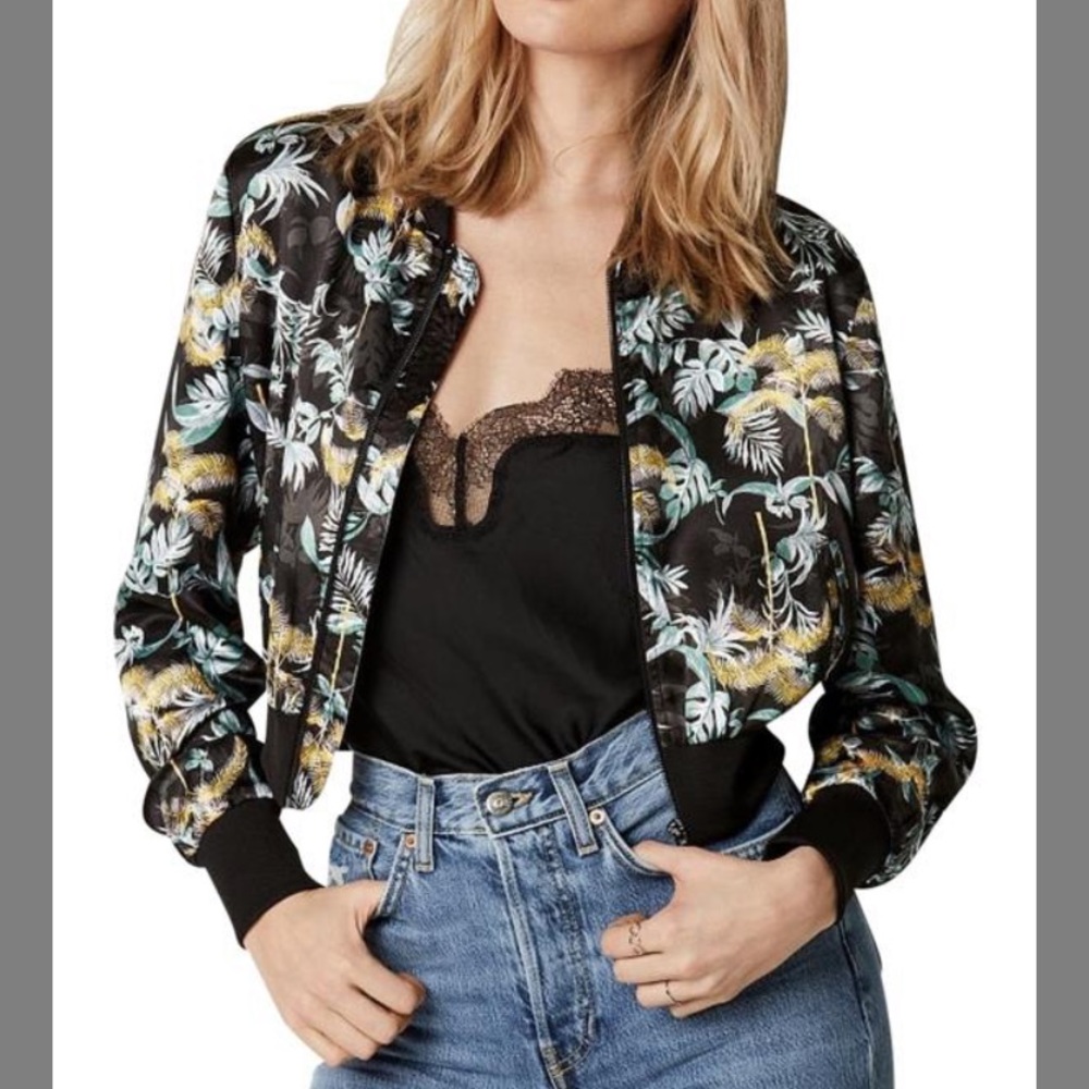Victoria's Secret Black Palm Satin Bomber Jacket
